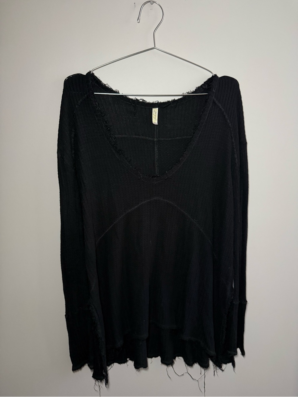 Free People Black Waffle Long Sleeve Thermal Size S Distressed Goth Oversized